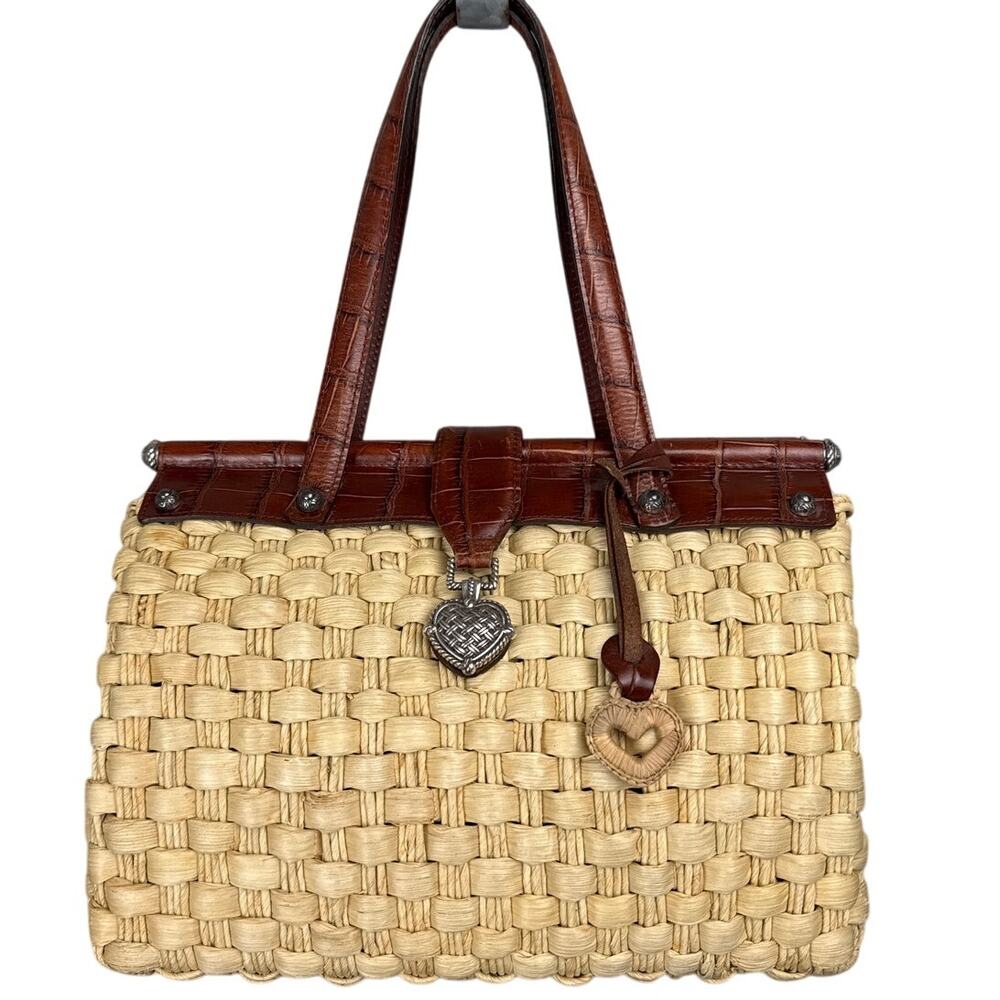 Brighton Heartland Straw Tote Brown Croc Leather Double Heart Charm Retired Rare